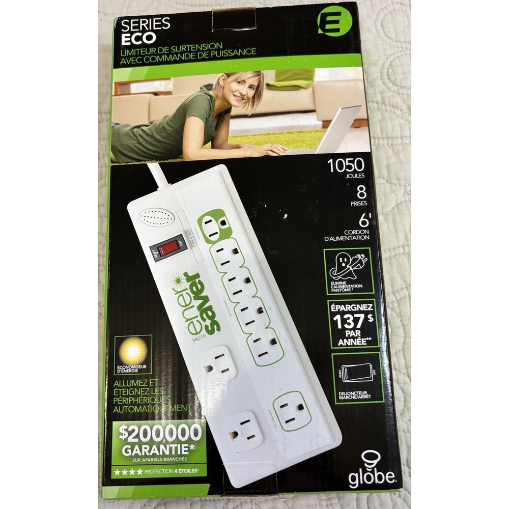 Globe ECO Series 8-Outlet Surge Protector 1050J 6 ft, Indicator/Breaker
